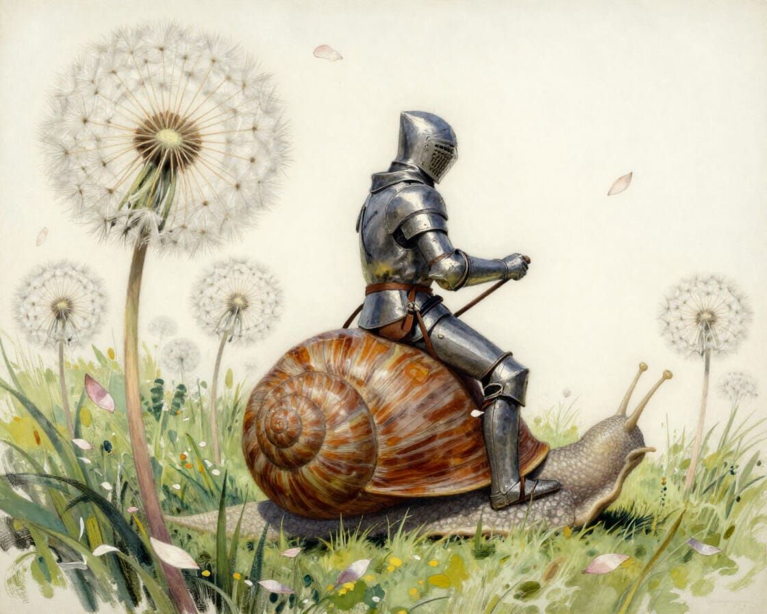Knight Rides Snail Through Surreal Meadow in Watercolour Ske...