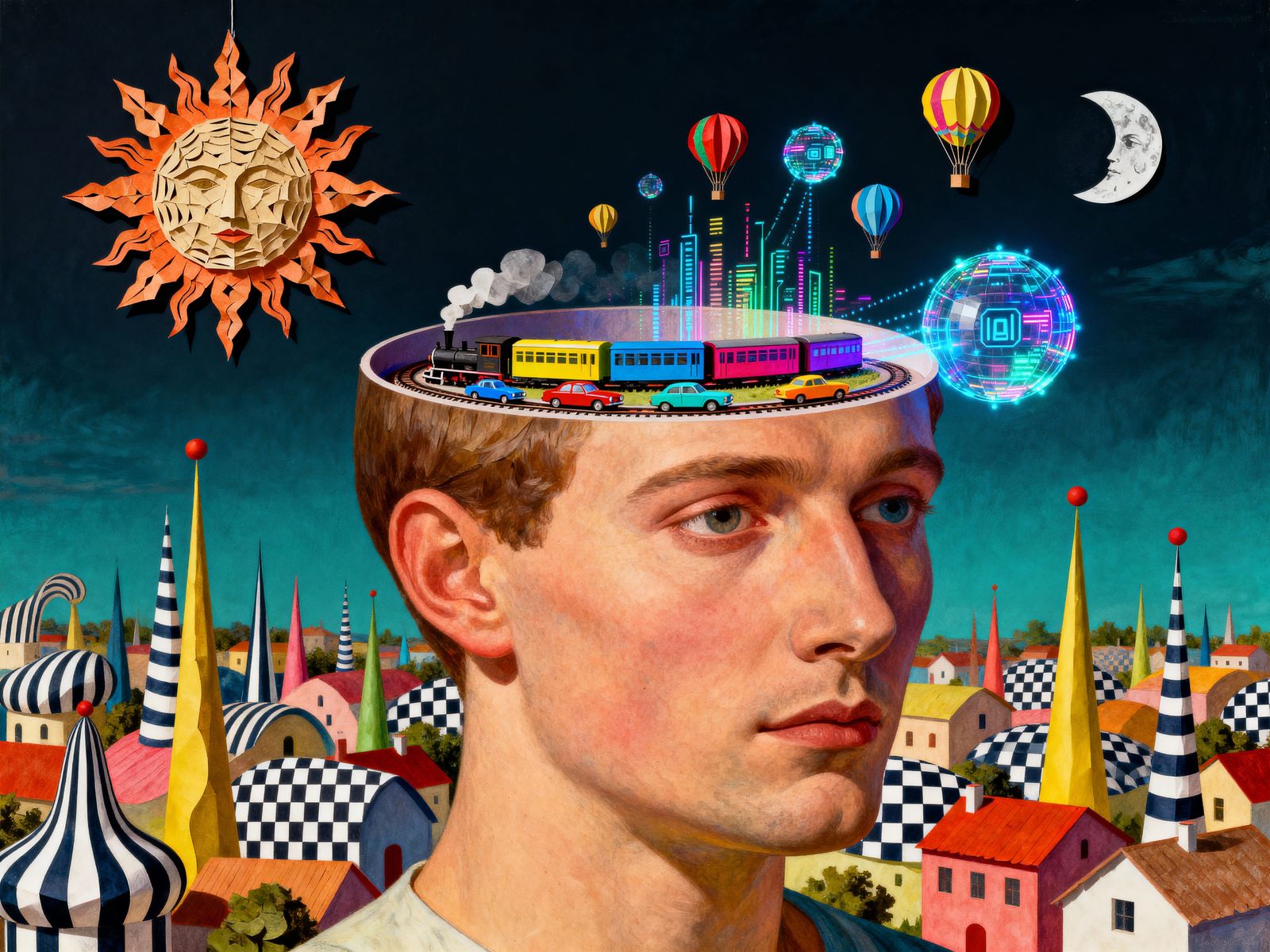 Surreal Head Reveals World of Trains, Cars, and AI Data