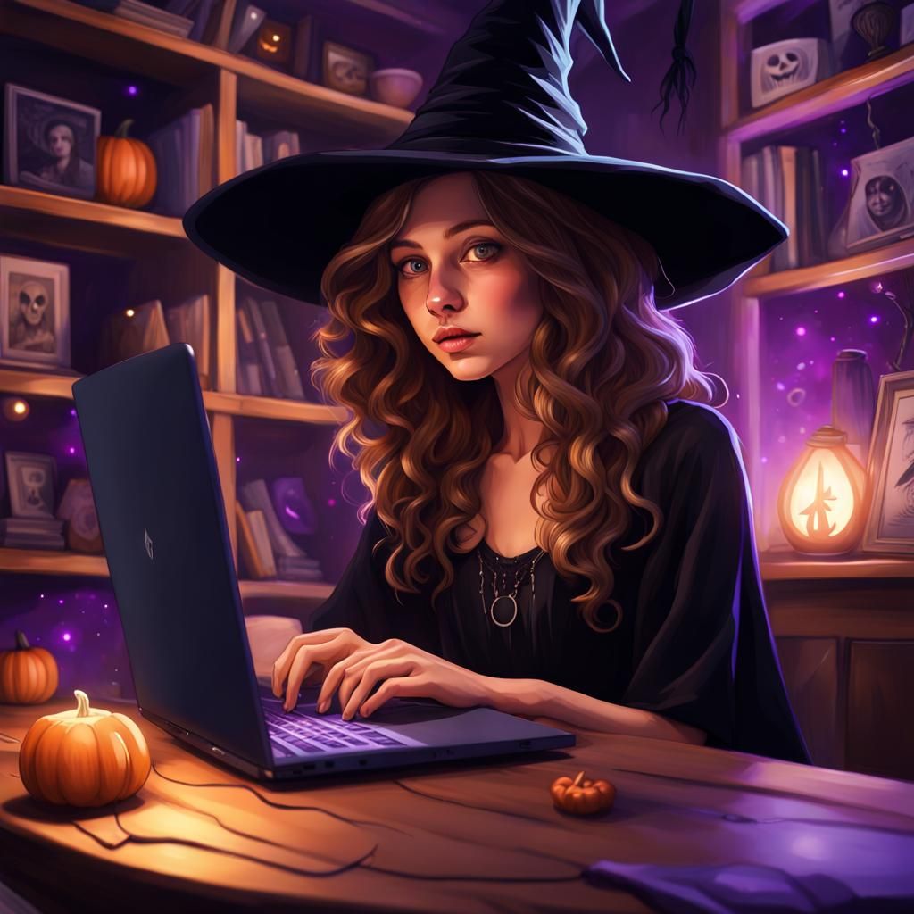 Girl in Witch Hat Plays Laptop, Hyperrealistic Art