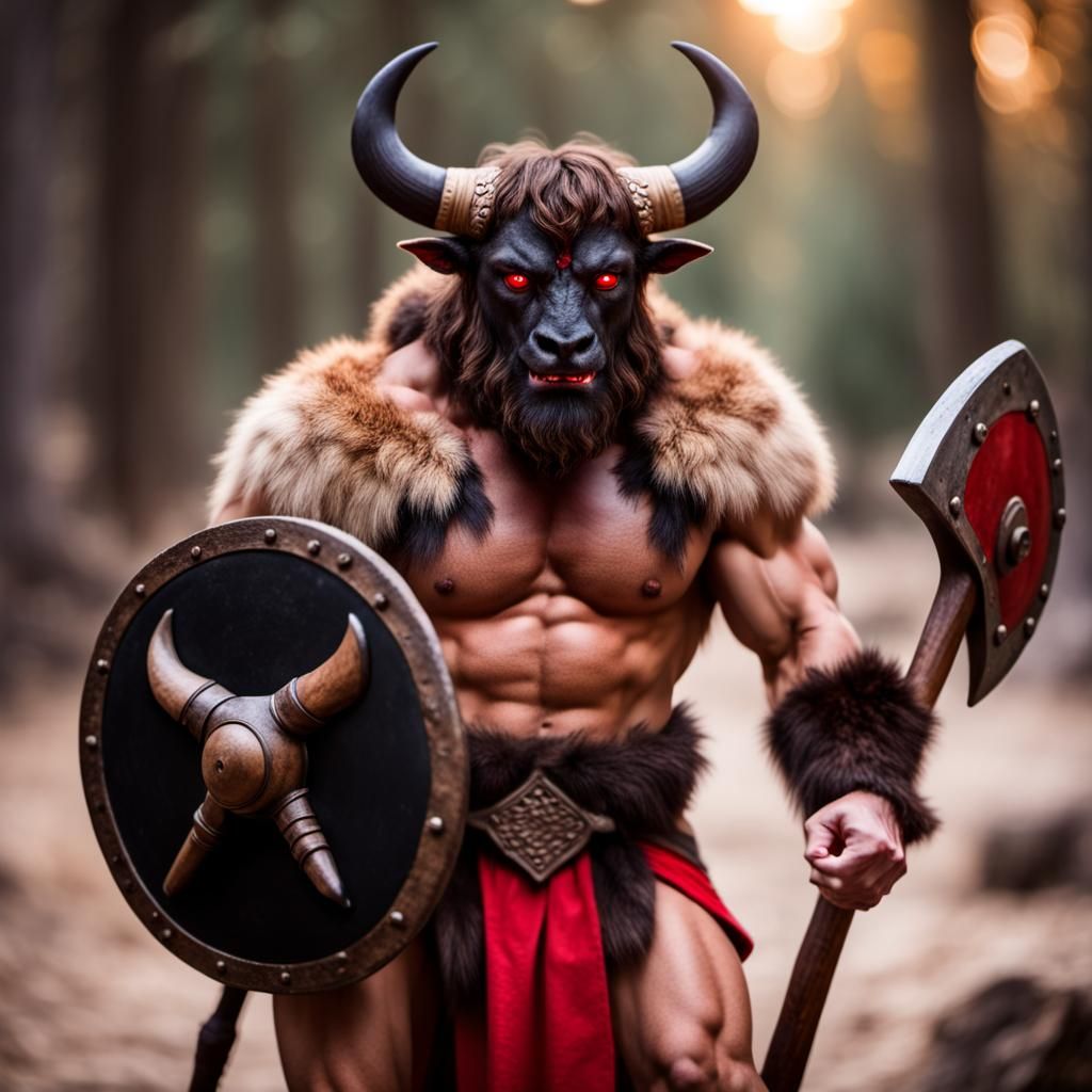 Minotaur with brown fur holding an ax and shield, black horn...