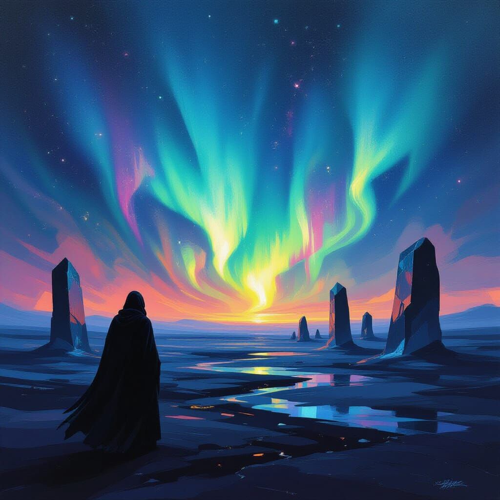 Figure Gazes at Aurora Over Monoliths in Expressive Style