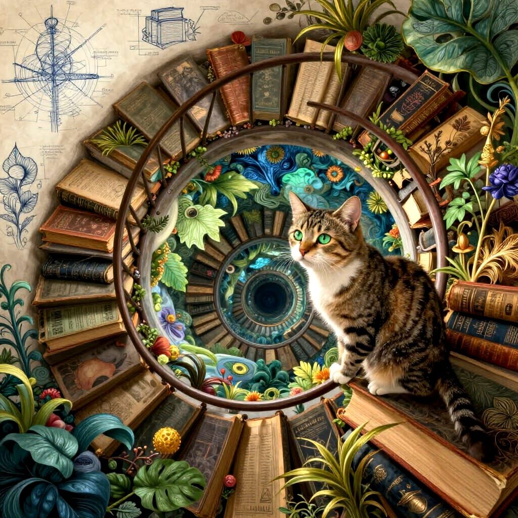 Infinite Staircase of Books and Flora with Cat