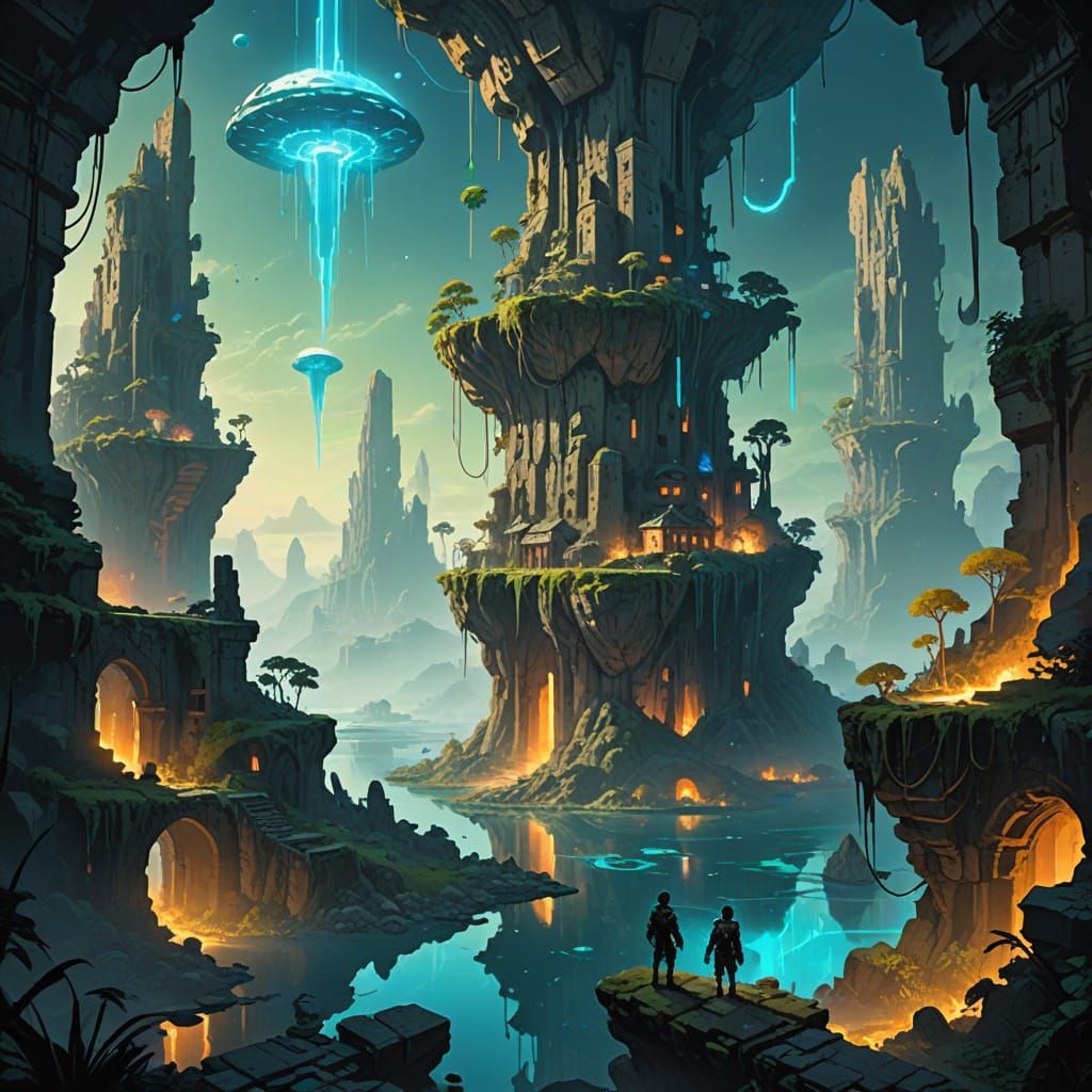 Floating City Ruins Explored by Lone Traveler