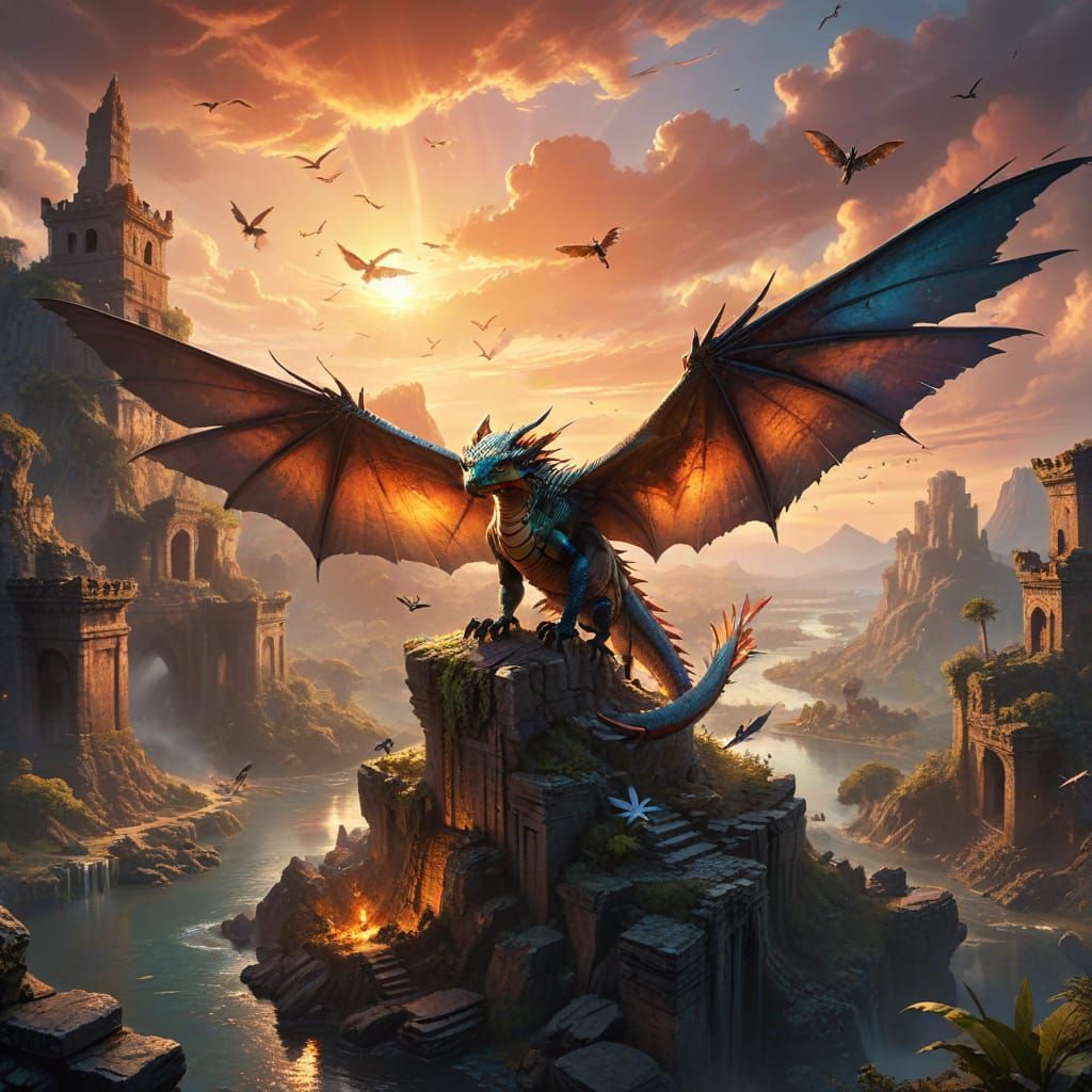 Majestic Dragon Over Fantasy Landscape at Sunset