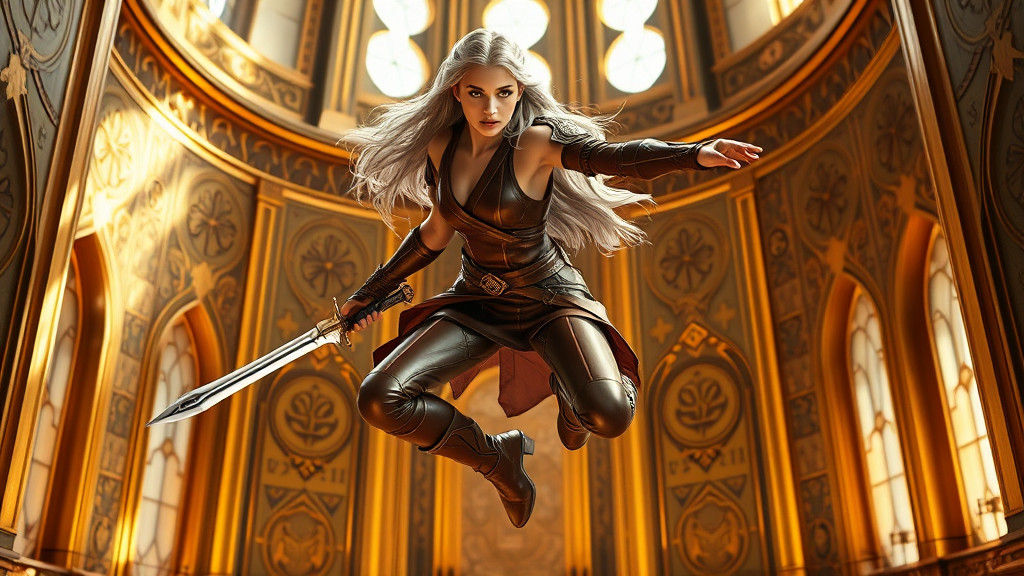 Poised Elven Warrior Captured in Serene Golden Tower