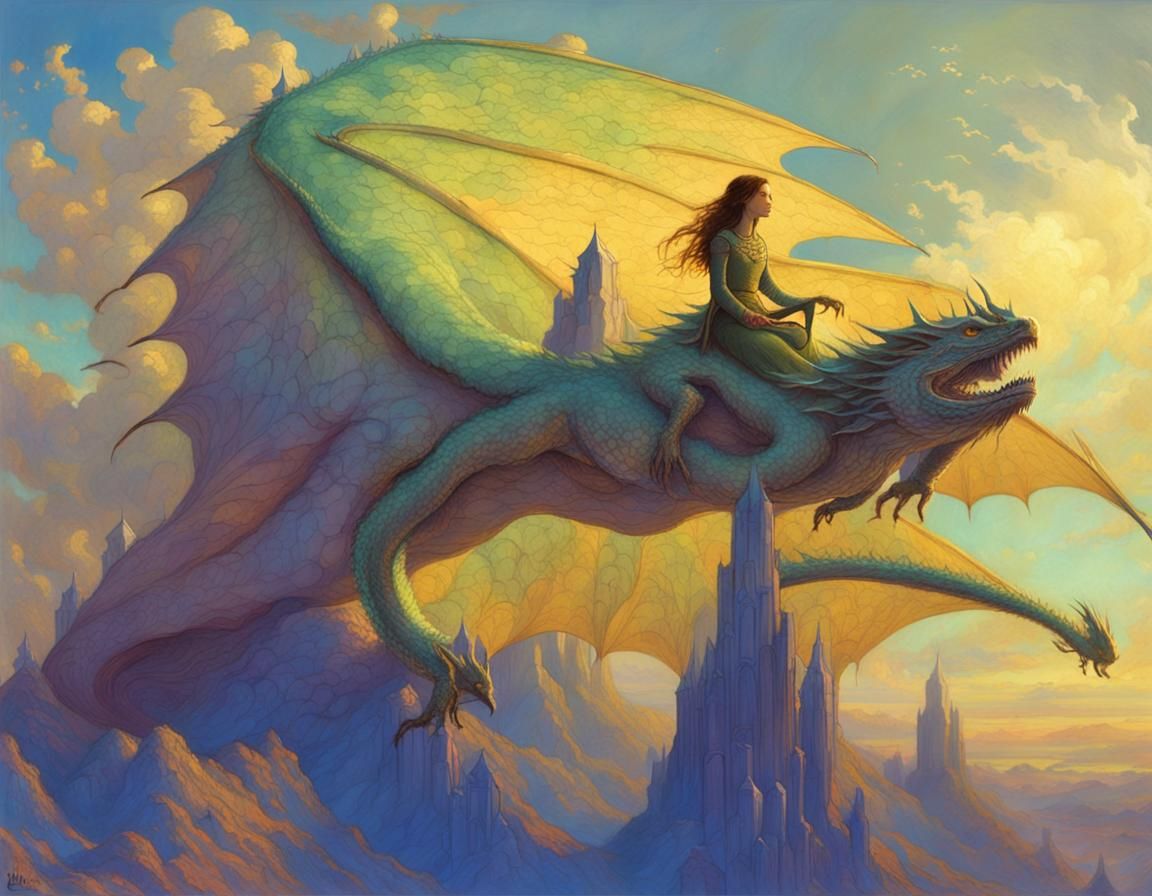 Princess on Dragon Flight: Vibrant Fantasy Art