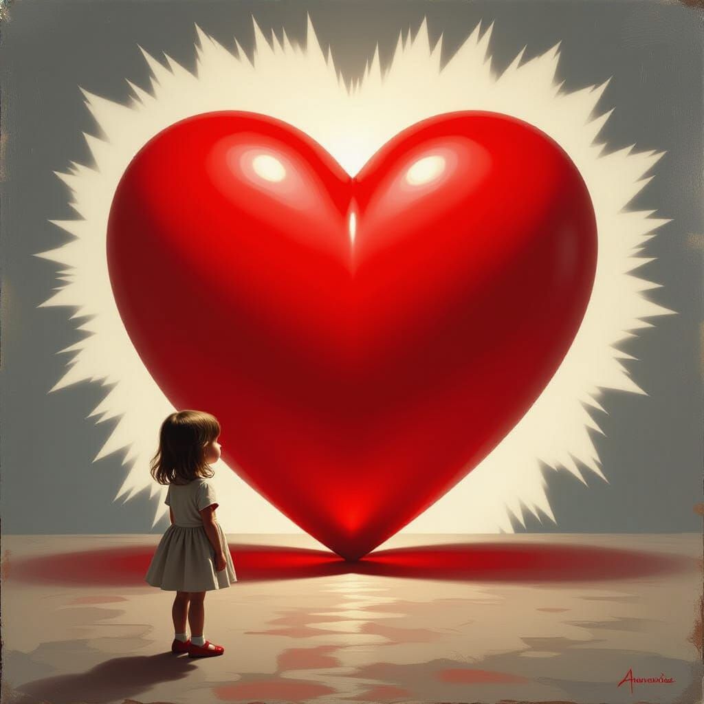 Girl Gazes at Luminous Red Heart in Surreal Lighting