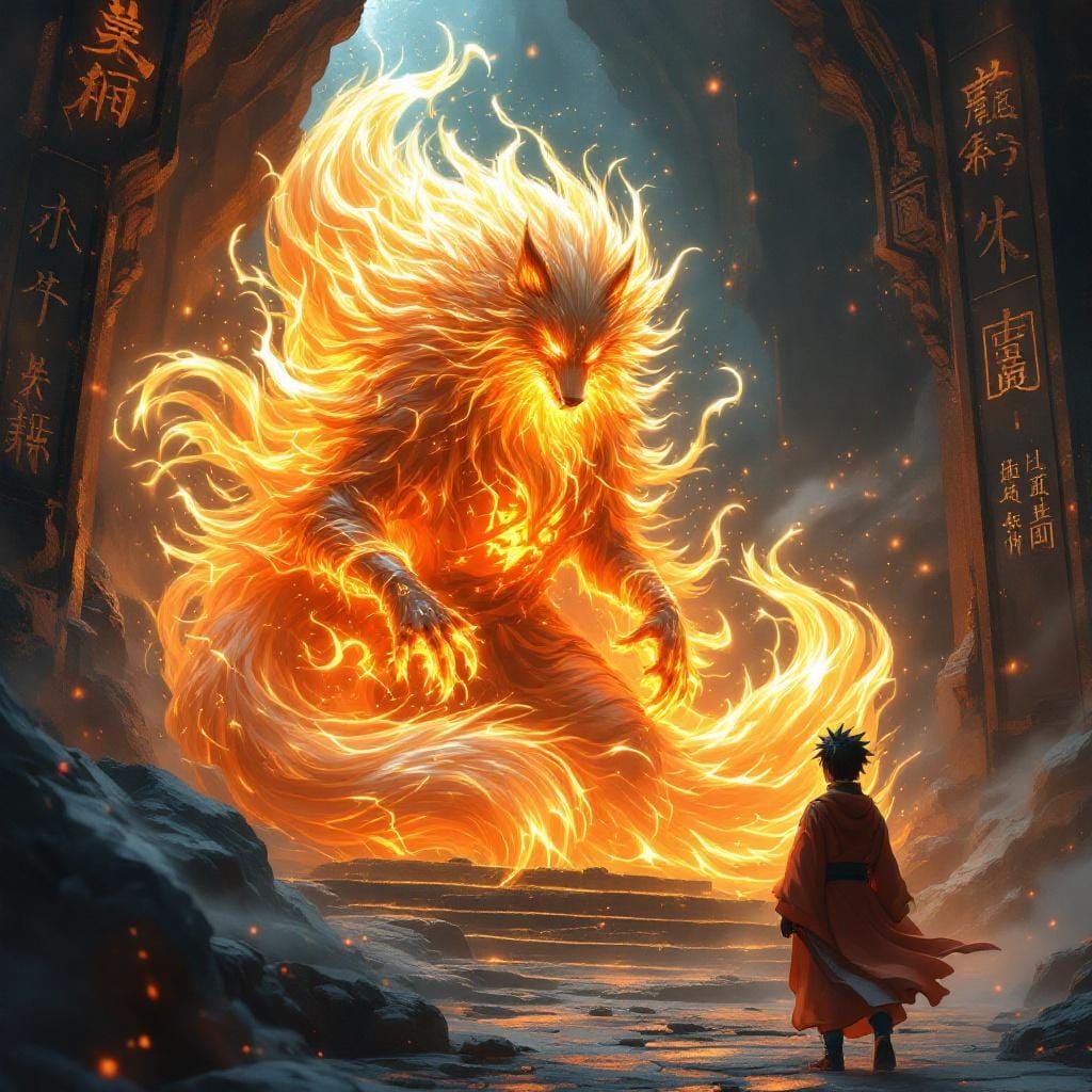 Kurama and Naruto as Spirits in Ethereal Shrine