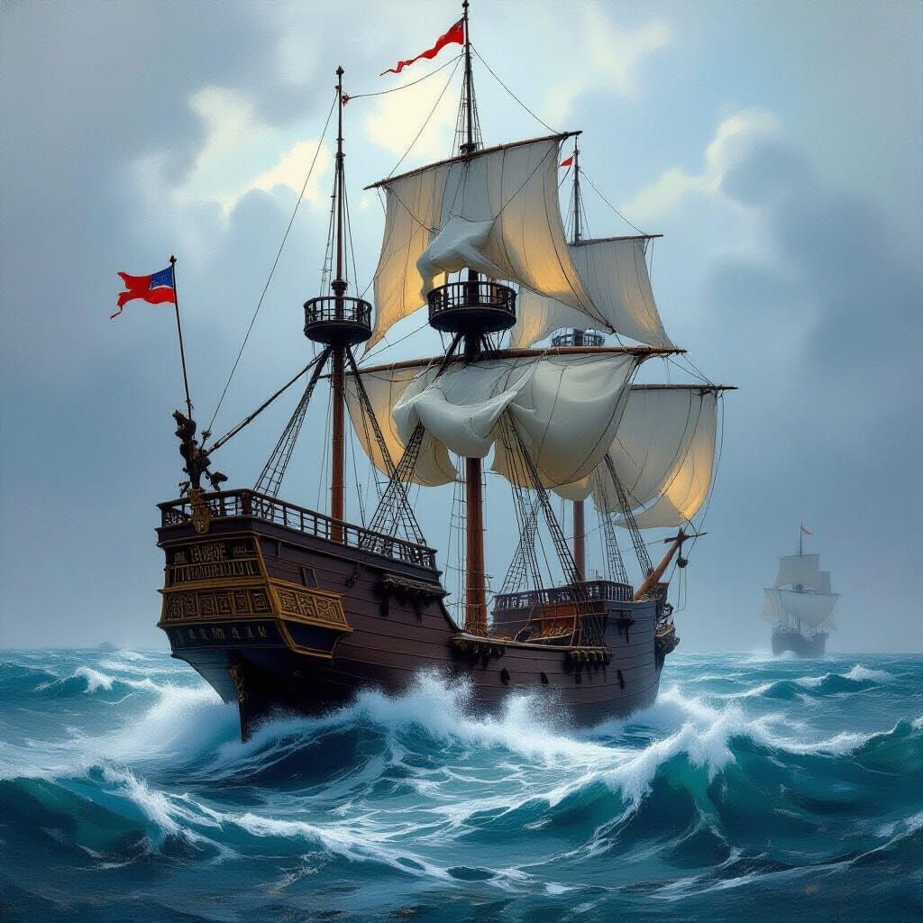 Galleon Sails Stormy Sea: Dramatic Maritime Painting