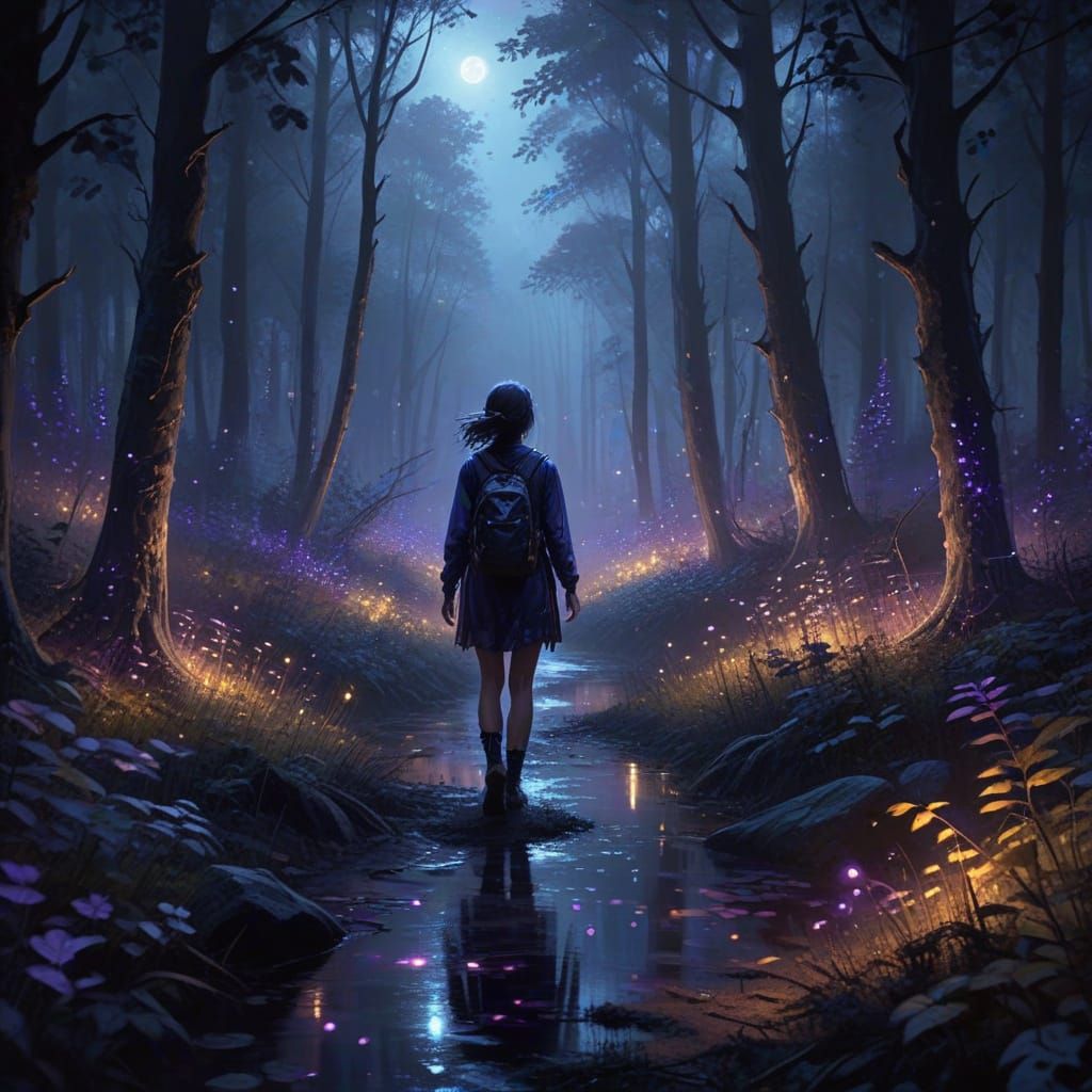 Mystical Nighttime Forest in Digital Painting Style