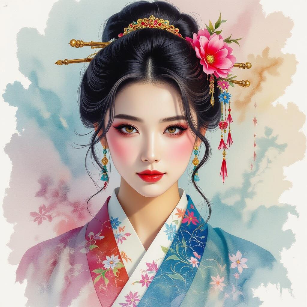 Majestic Watercolor Painting with Cubist Colors