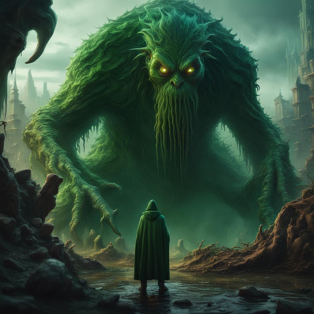 Cloaked Figure Confronts Giant Green Monster