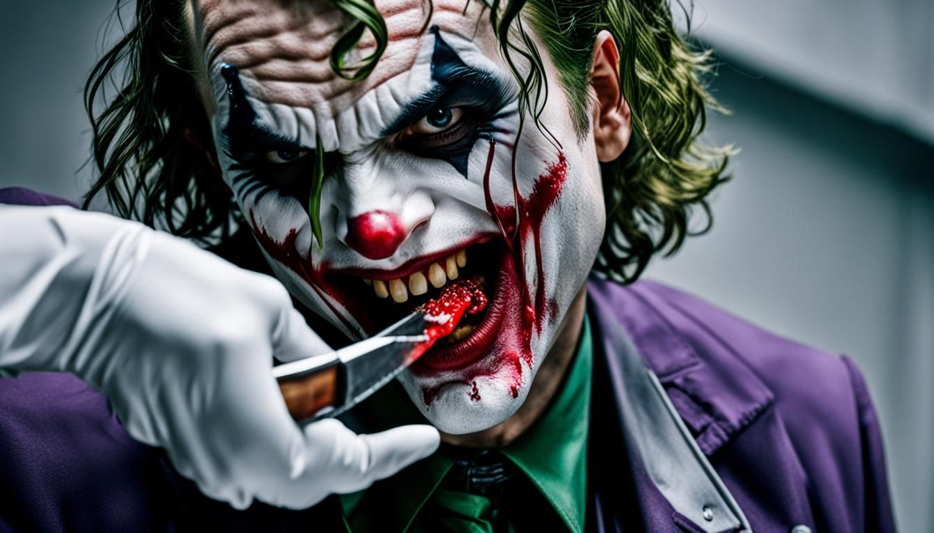 Hyperrealistic Joker Slicing Mouth: Dark Surrealism