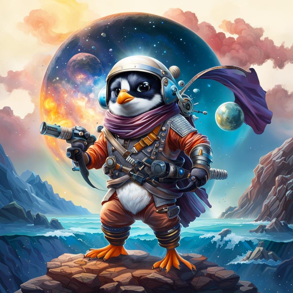 Space Pirate Penguin Watercolor Battle