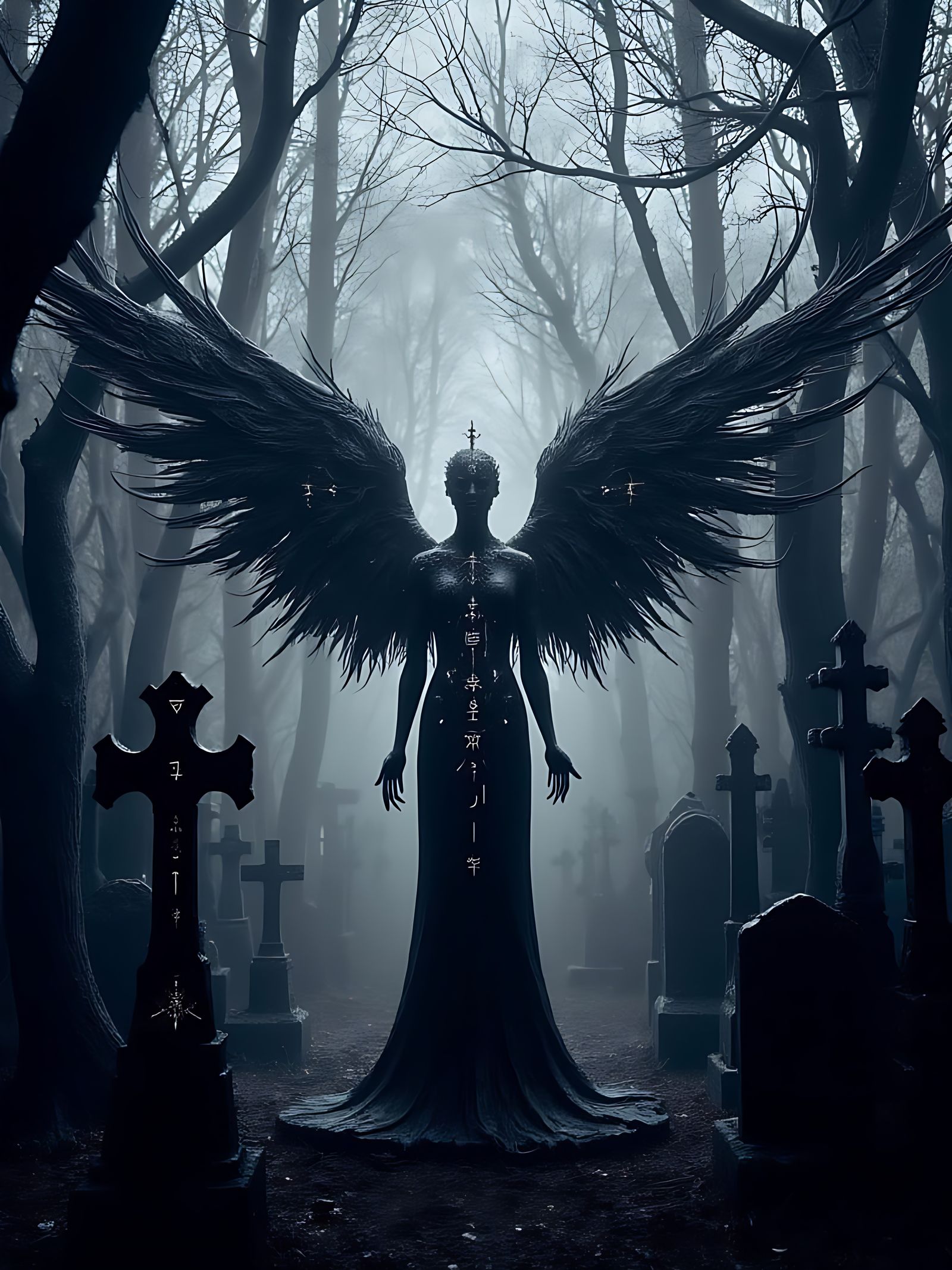 Gothic Angel of Dark Rituals in a Haunted Cemetery at Dusk