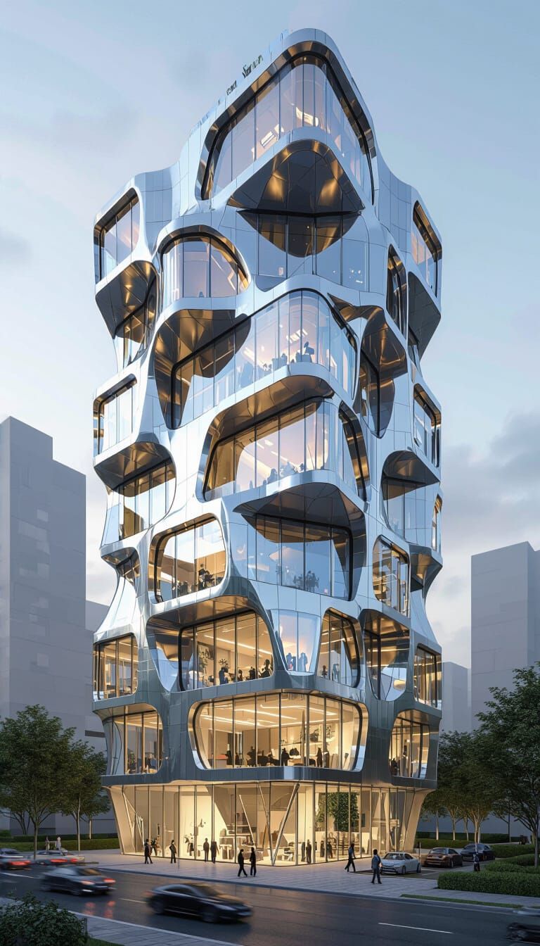 Futuristic Twisted High-Rise Building with Suspended Garden
