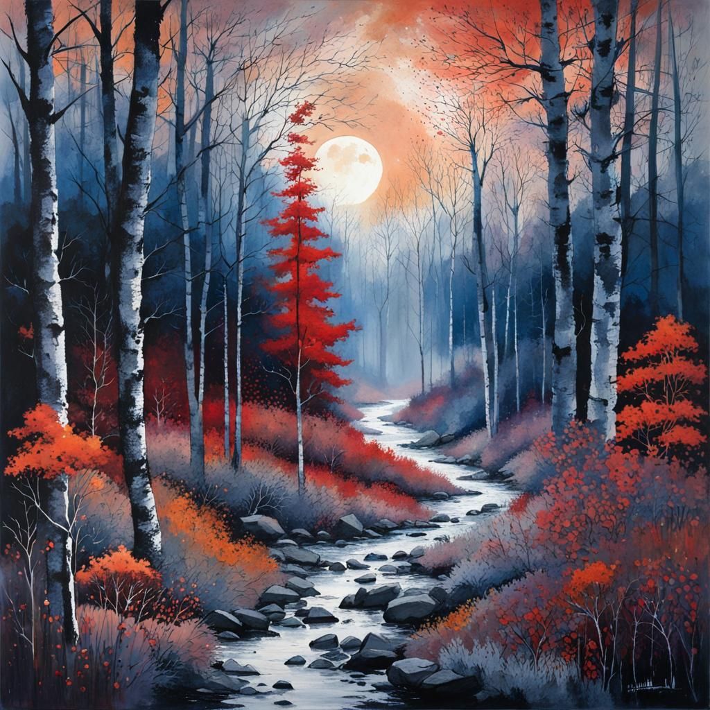 Red Forest Moonscape in Art Brut Style