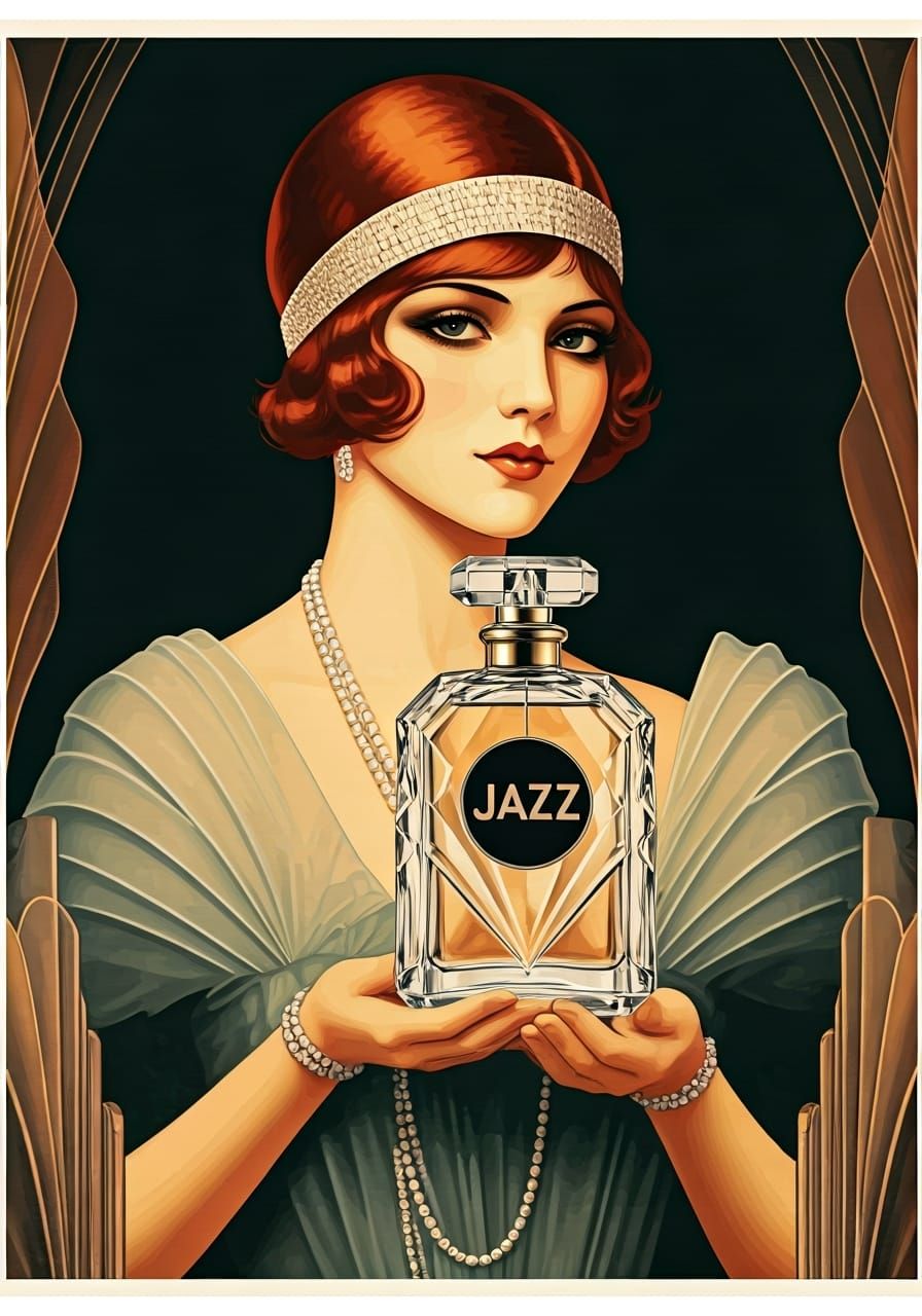 Poster art, Art Deco, a crystal perfume bottle labled 'Jazz ' held by a flapper