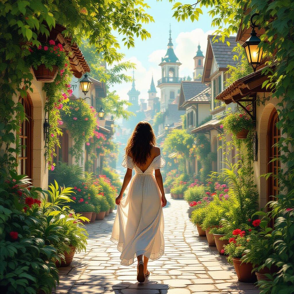 Woman in Solarpunk City in Digital Painting Style