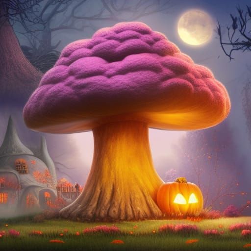 Cotton Candy Mushroom House with Sleeping Bear, Matte Painti...