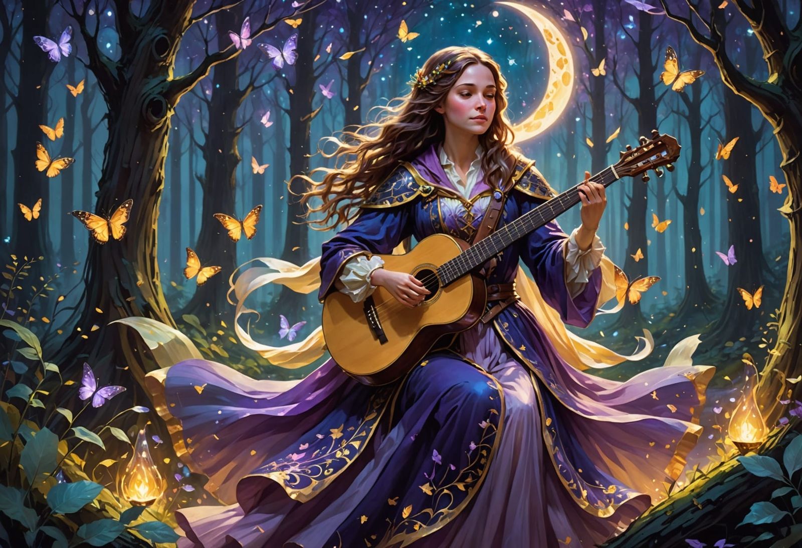 Enchanting Bard Plays Glowing Lute in Moonlit Forest