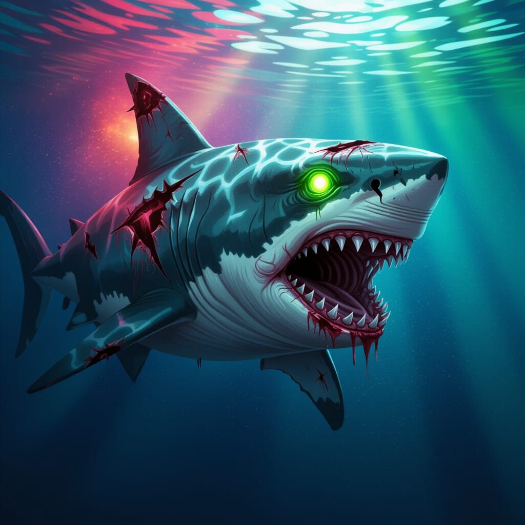 Hyperrealistic Zombie Shark with Glowing Eyes