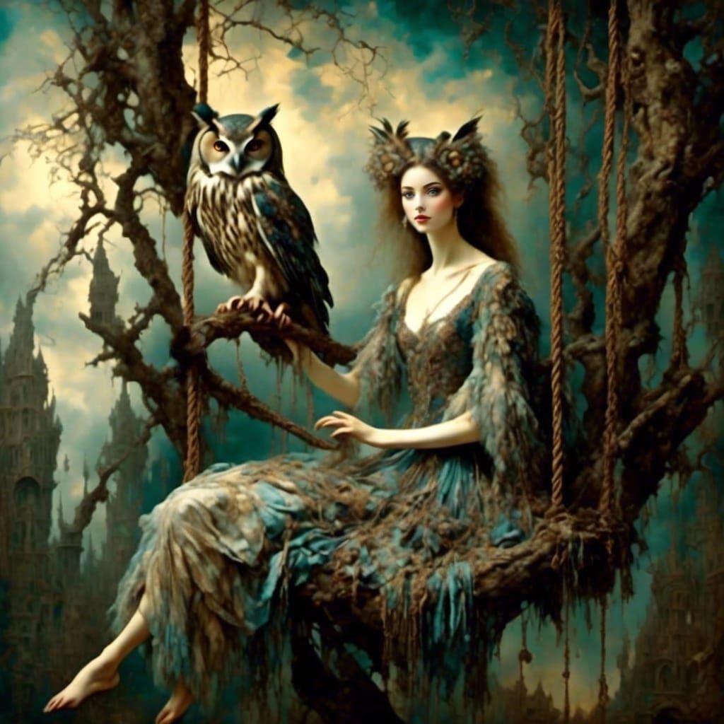 A Happy Woman Swings in a Garden with a Watchful Owl