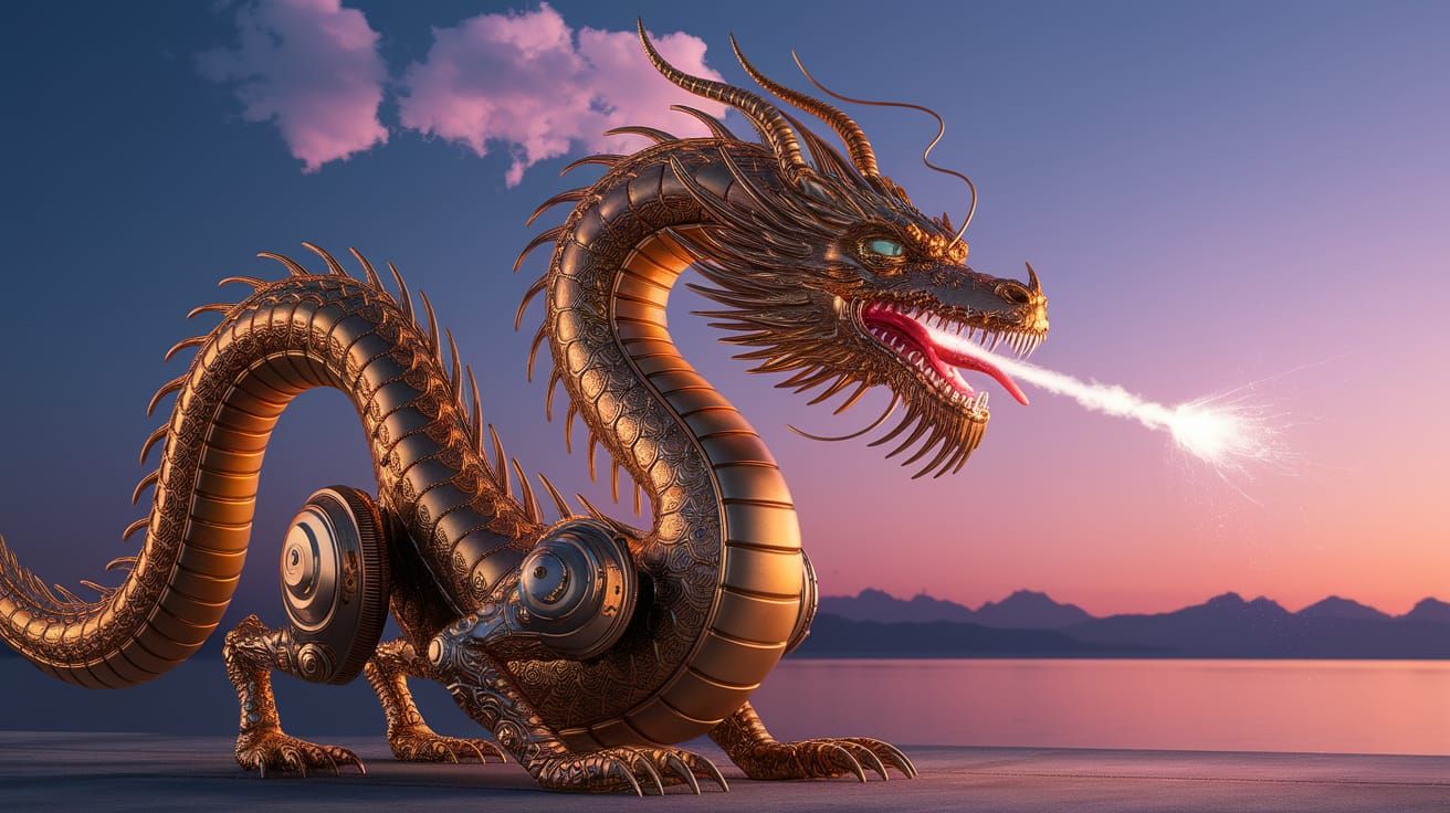 Golden Dragon in Twilight with Cyberpunk Tech