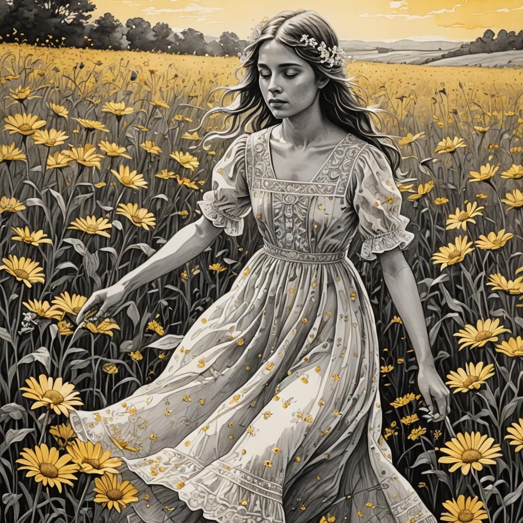 Monochromatic Ink Drawing of Girl Making Daisy Chains