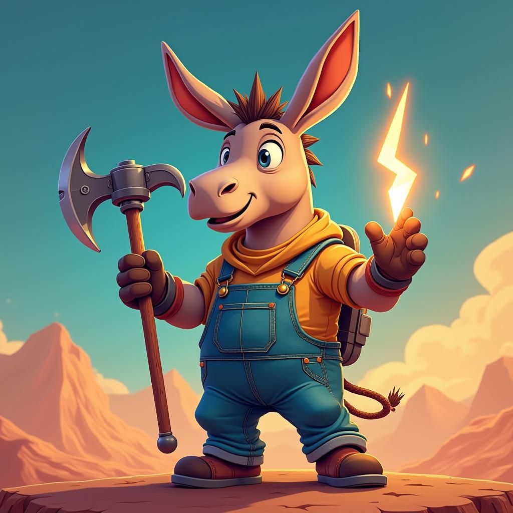 Cartoon Space Donkey Mining with Lightning, Vector Art