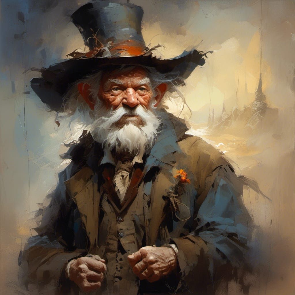 Ethereal Old Man with Large Hat in Whimsical Style