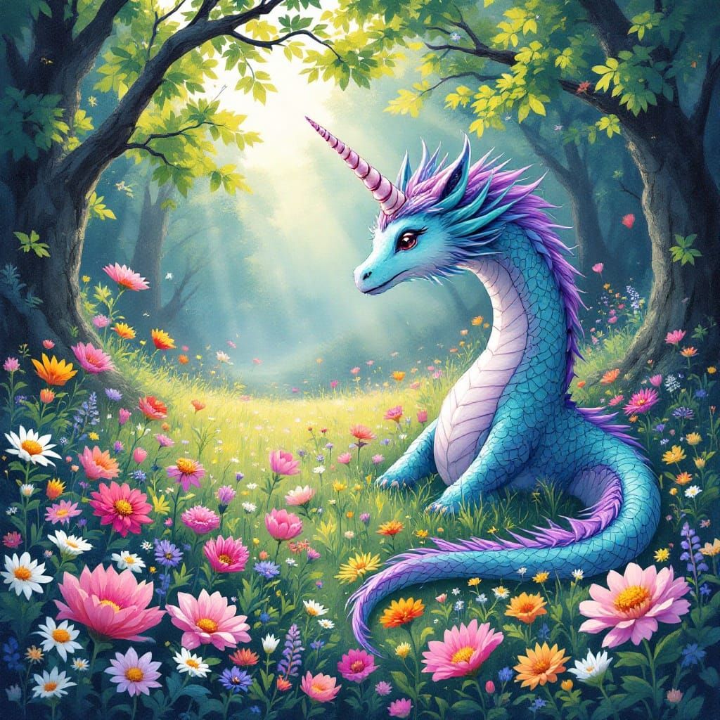 Fantastical Unicorn Dragon in Whimsical Forest Scene