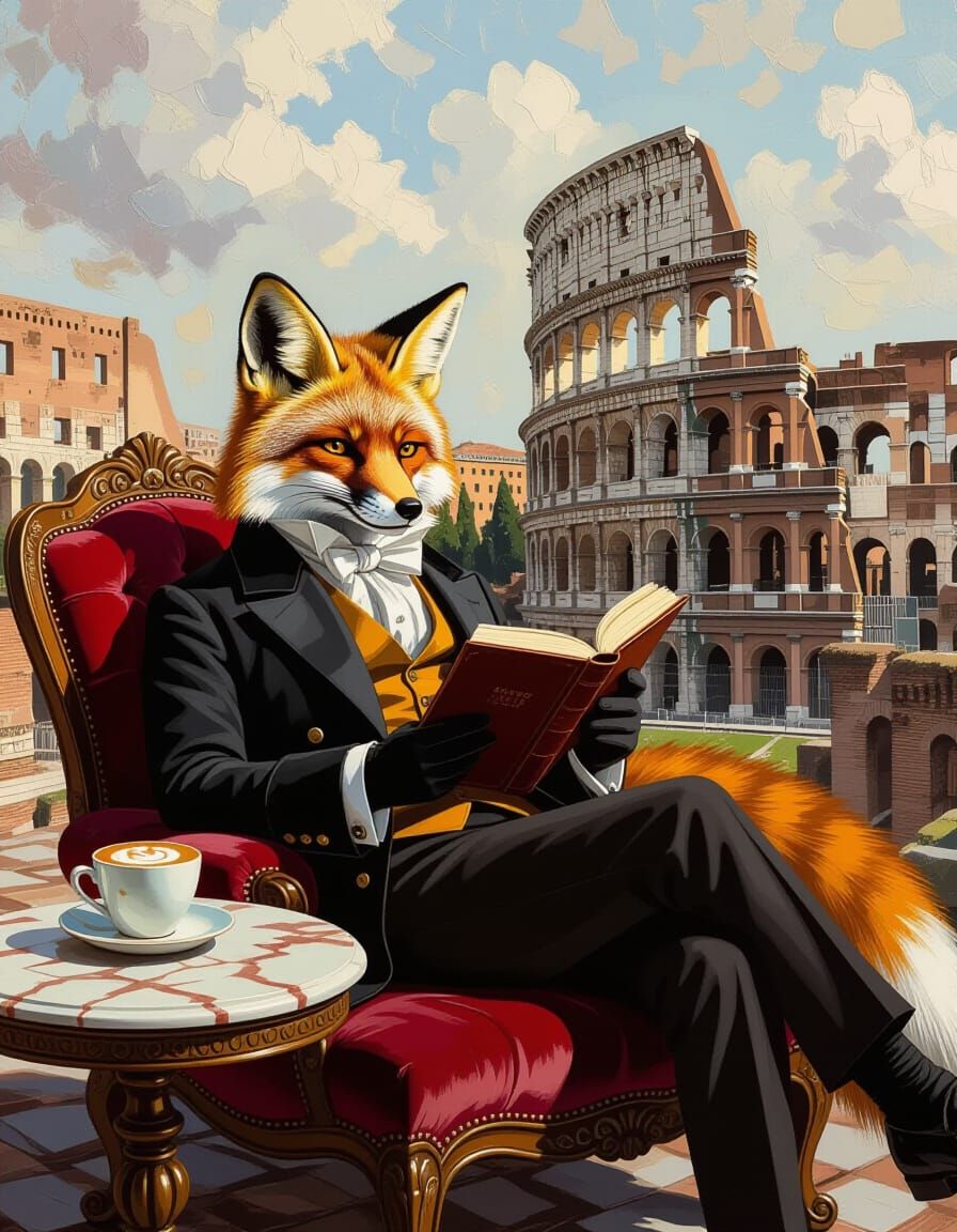 Aristocratic Fox Lounging in Roman Colosseum, Impasto Painti...