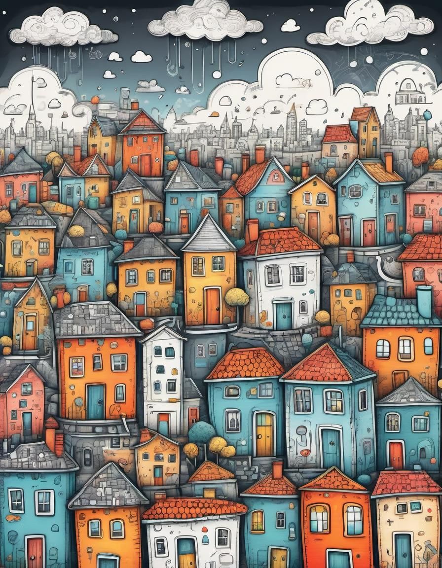 Whimsical Doodle Cityscape in Naive Art Style