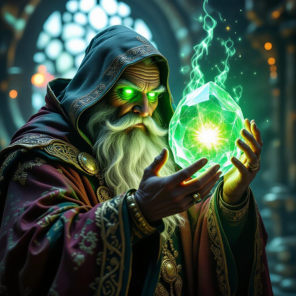 Sorcerer Opens Portal with Crystal Ring, Digital Art
