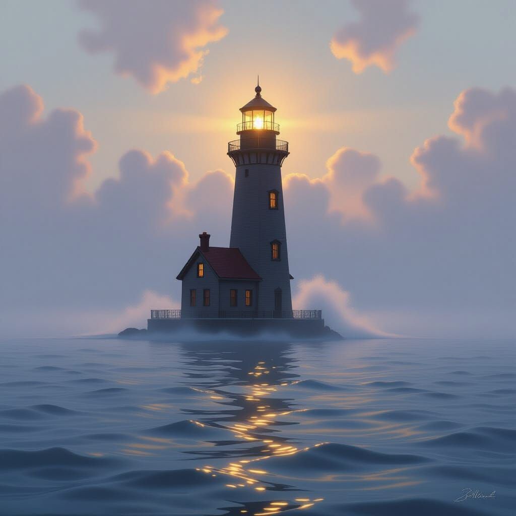Lighthouse in Fog on Lake Michigan in Romantic Style