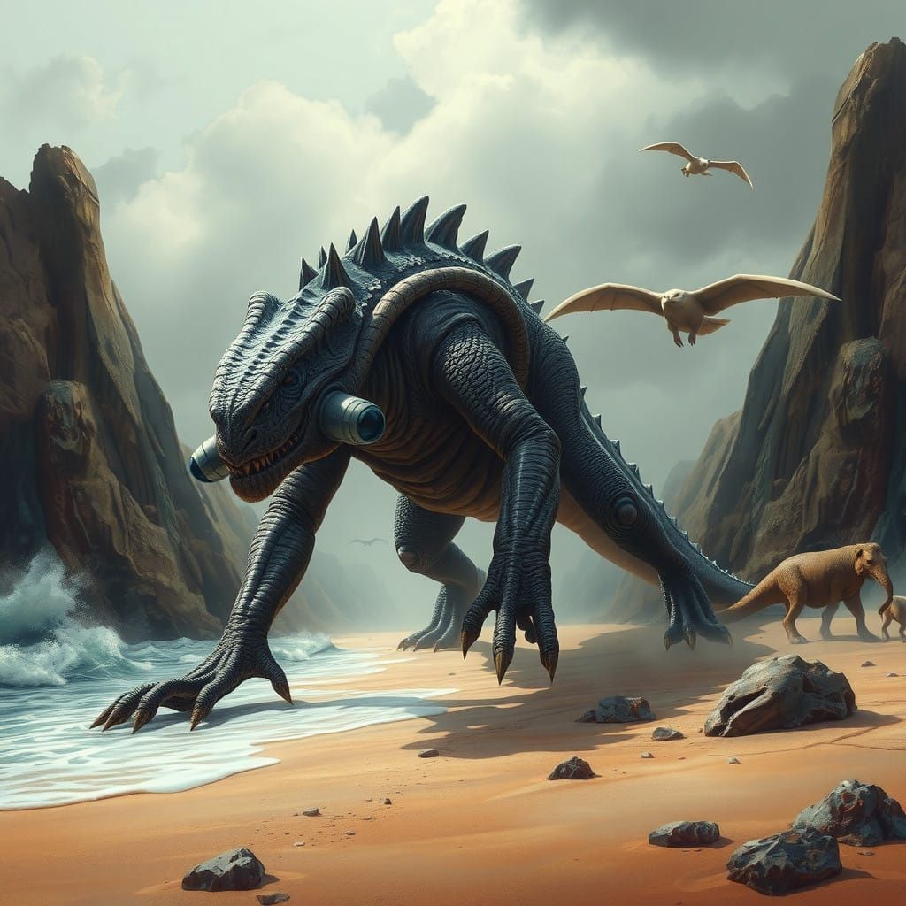 Reptilian Beast Crawls Through Coastal Landscape