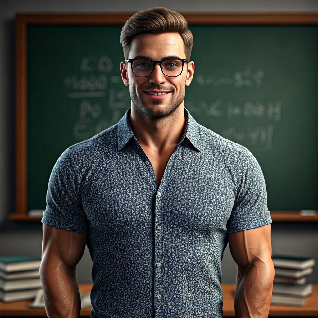 Handsome Teacher with Confident Smile in Classroom