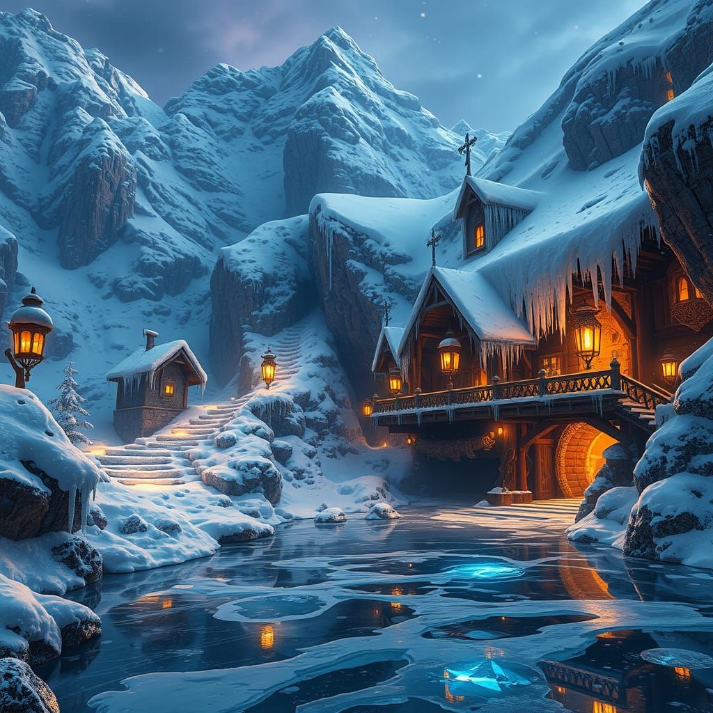 Ancient Gold Mine in Snowy Mountain Landscape
