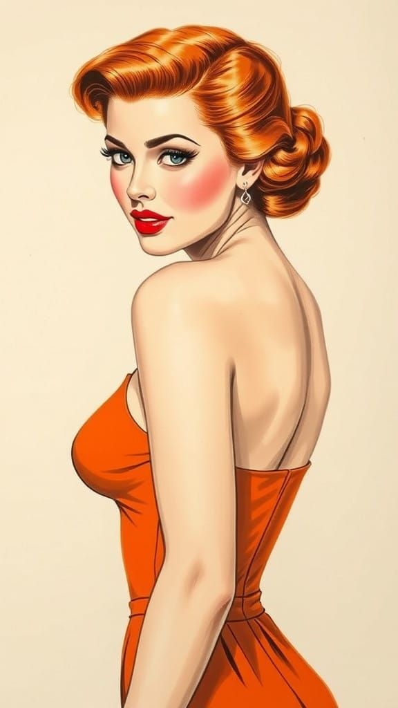 Vintage Pinup Beauty in a Bright Orange Halter Top