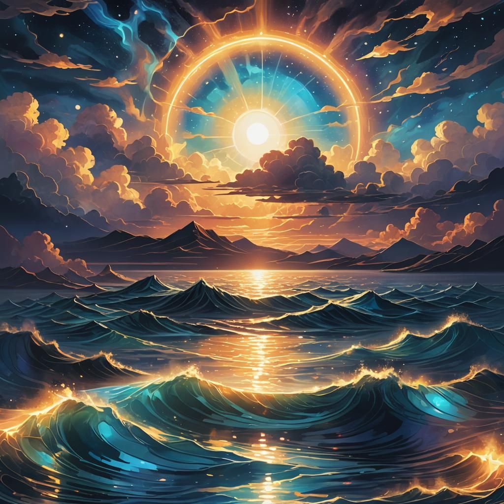 Astral Cosmic Lake with Sunlit Clouds