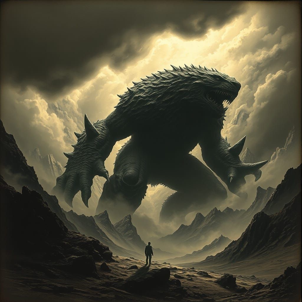 Monstrous Giants Emerge in Stormy Landscape