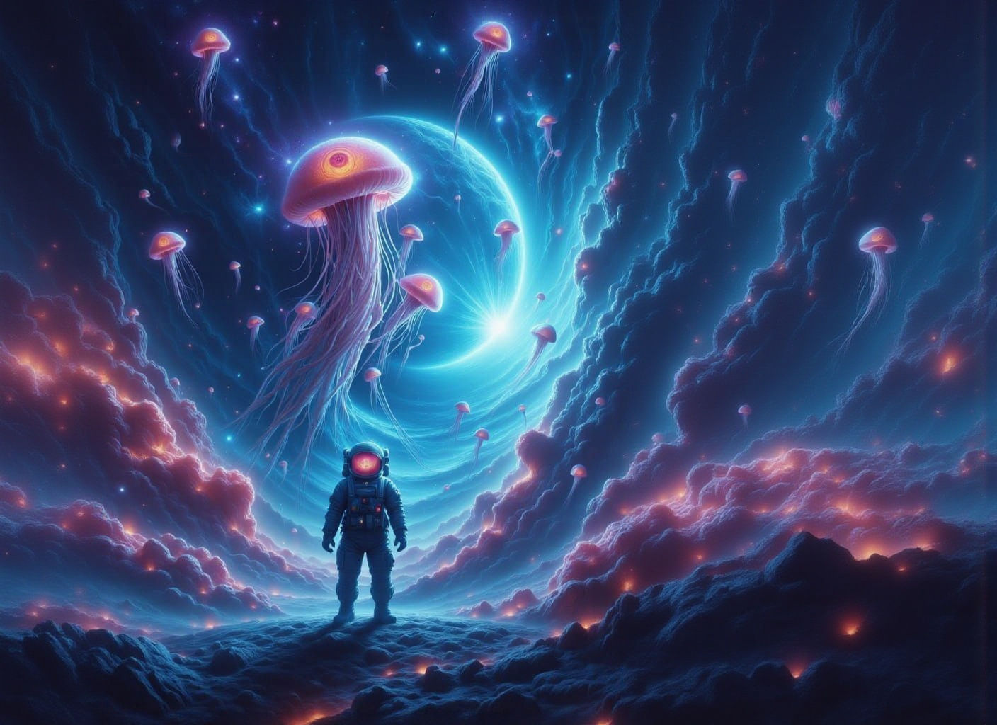 Astronaut Adrift in Cosmic Ocean with Bioluminescent Jellyfi...