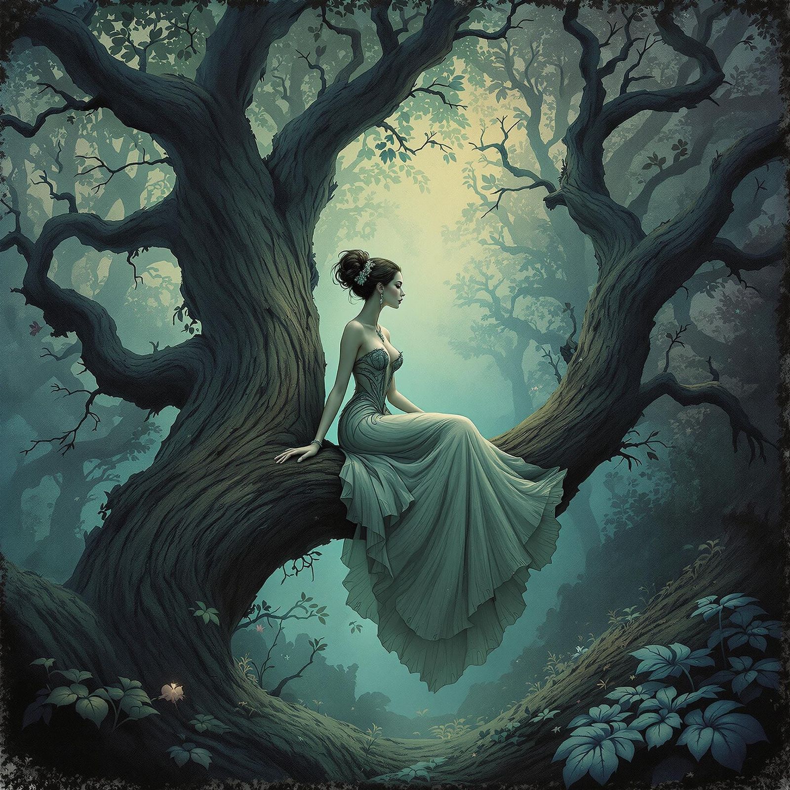 Mystical Forest Woman: Surreal Dreamcore Charcoal Art