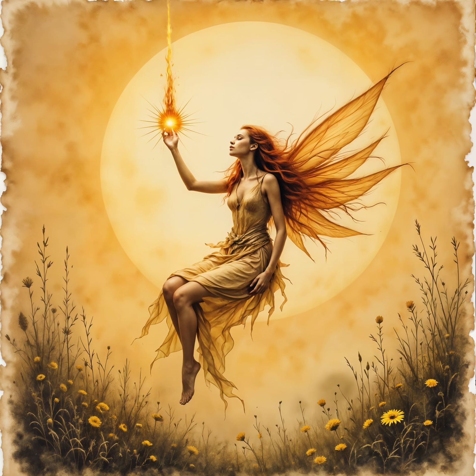 Radiant Summer Fairy Conjuring Ember, Naturalist Drawing