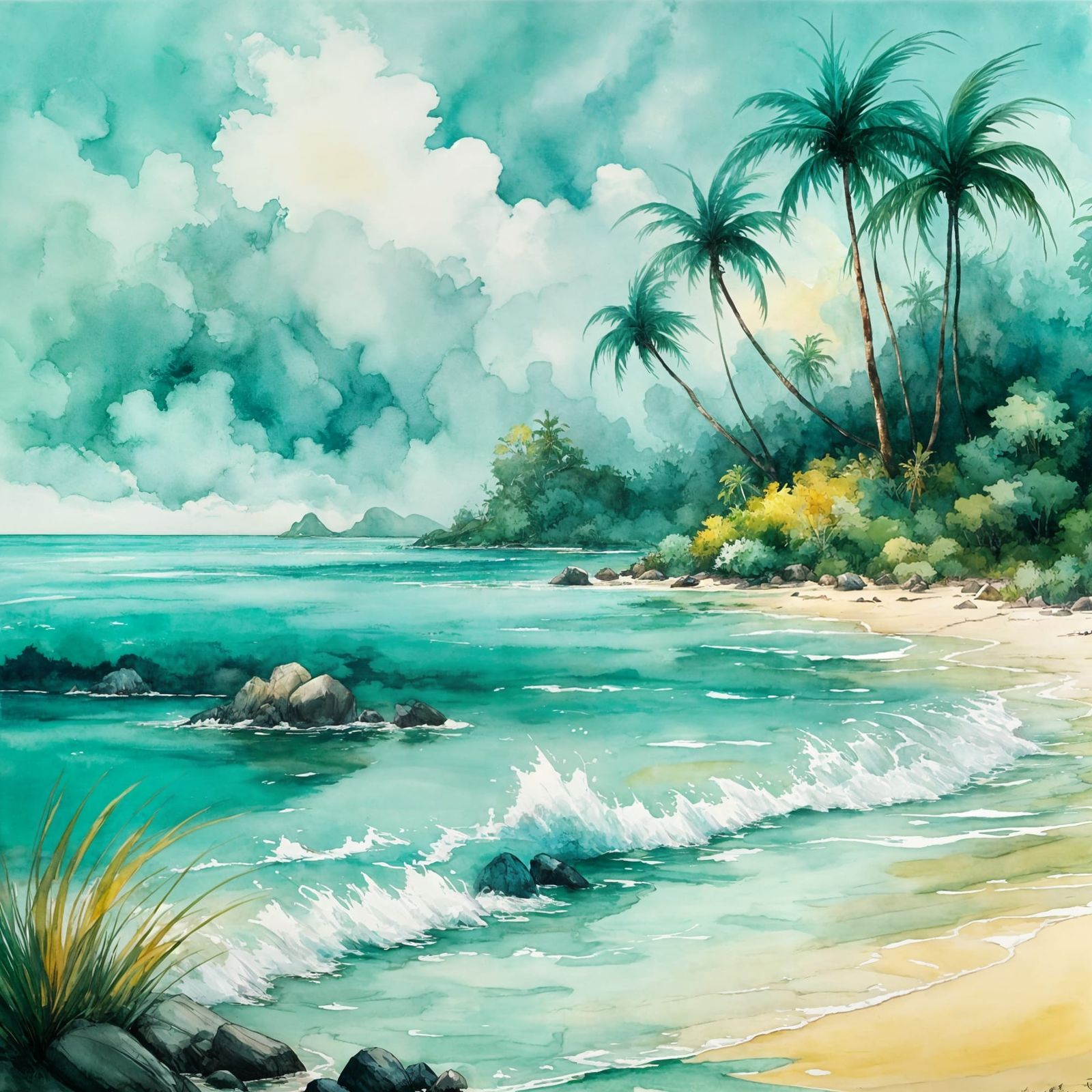 Tropical Beach Scene in Rackham and Kinkade Style