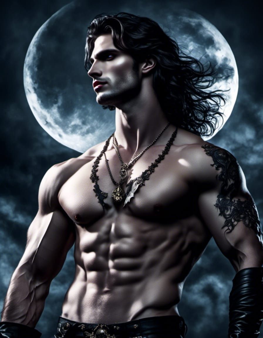 Handsome Vampire Gazing at the Full Moon