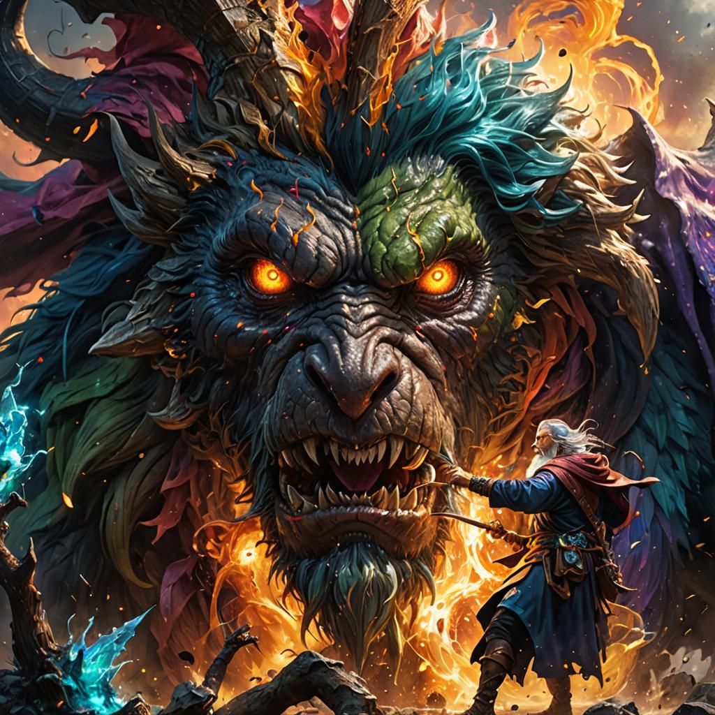 Wizard Battles Monster in Detailed Splash Art