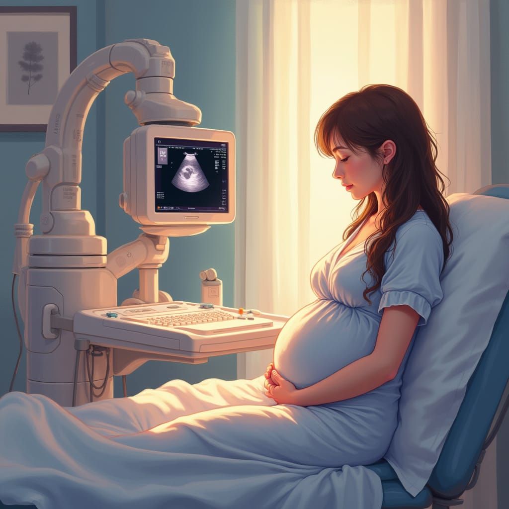 Pregnant Woman Receives Ultrasound Scan in Soothing Pastel H...