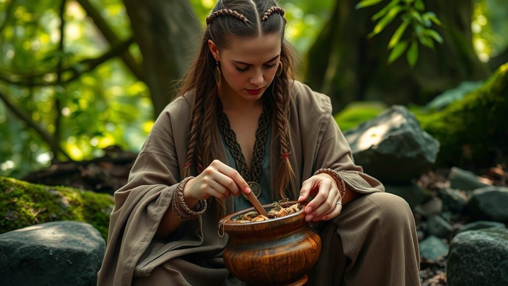 Celtic Woman Preparing Potion in Lush Forest